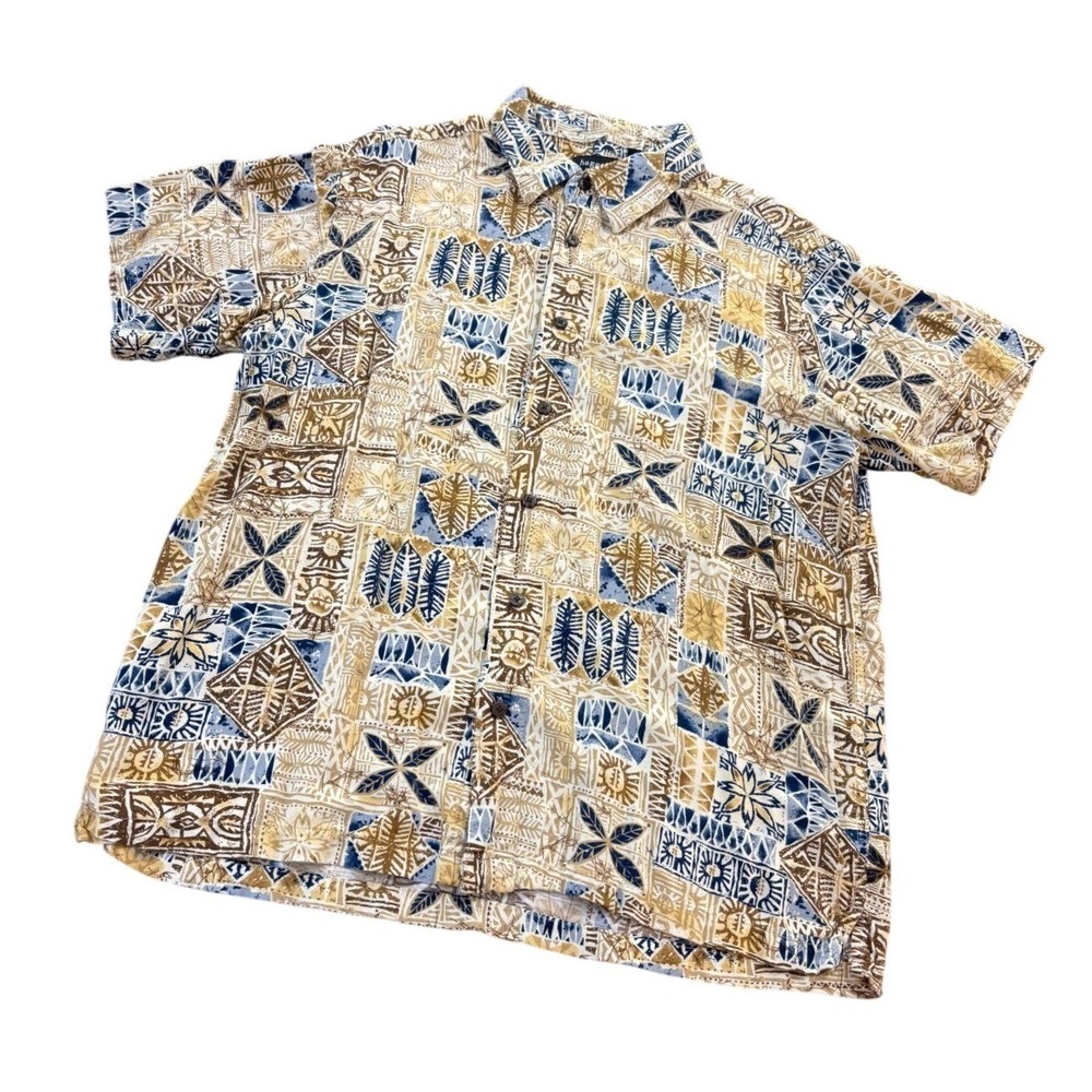 HAGGAR Mens Large Hawaiian Shirt Blue Tan Brown Geometric 100% Rayon Button Up